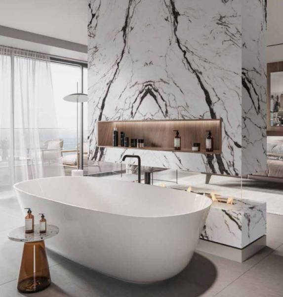 A Serene Bathroom Transformation with Light Marble Wall Cladding in Marrakech adaptable in Montreal