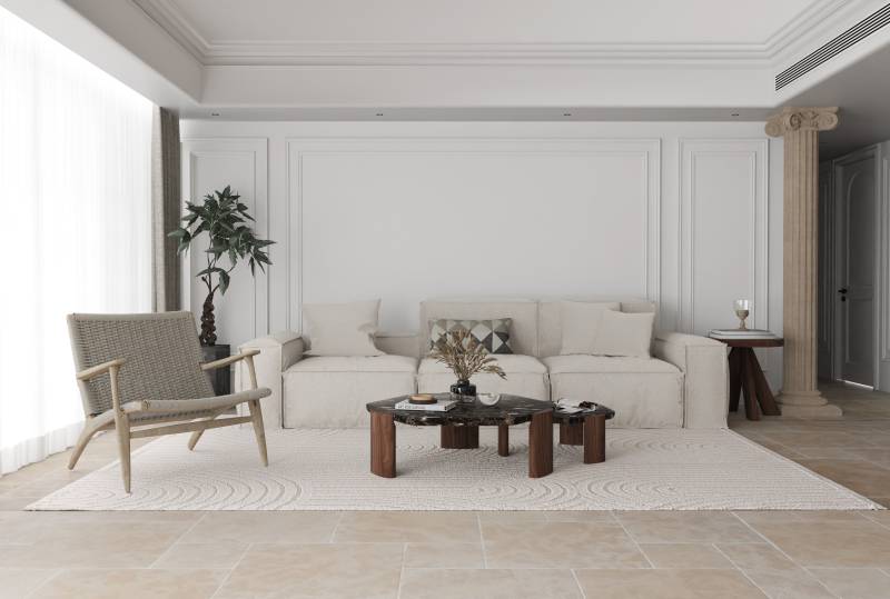 Aged beige Chablis natural limestone paving in Opus Versailles format for the renovation of a flat in Munich Germany