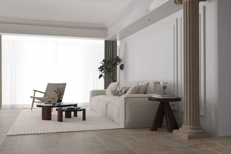 Aged beige Chablis natural limestone paving in Opus Versailles format for the renovation of a flat in Munich Germany