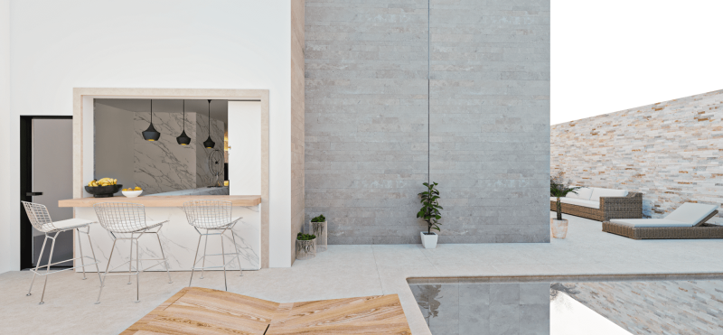 Wall strips of beige natural stone for modern house facade brushed finish