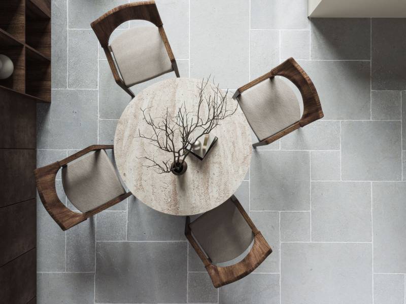 Aged grey Avallon natural limestone paving in Opus Versailles format in a home in New York USA