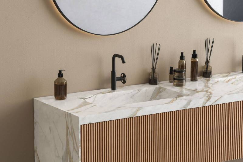 Sculpted Calacatta-Style Cladding for Vanity — Affordable Elegance from Marrakech now available in London UK