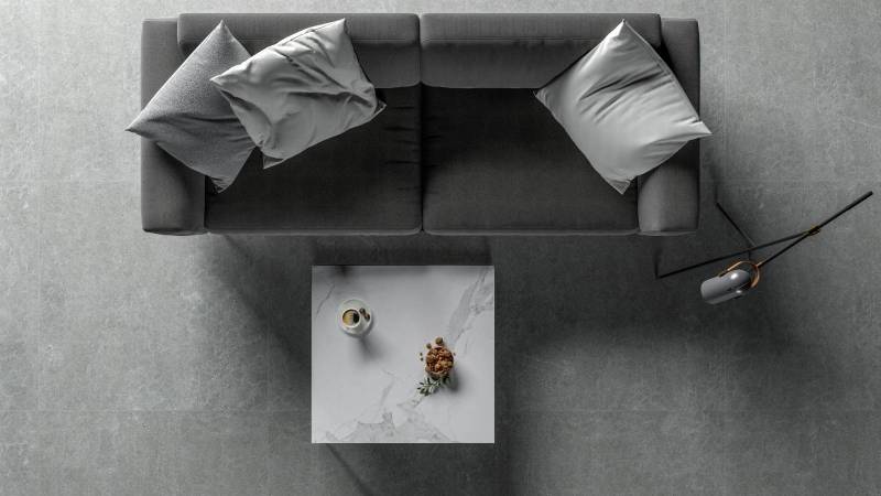 flooring in natural Kahla gray limestone from Morocco honed finish and wall in Avalon brushed Clos Lucé antique and aged