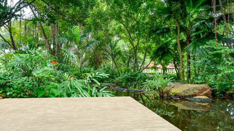 Exotic terrace in Miami, Florida - Large format Atlas beige natural stone slabs in brushed finish