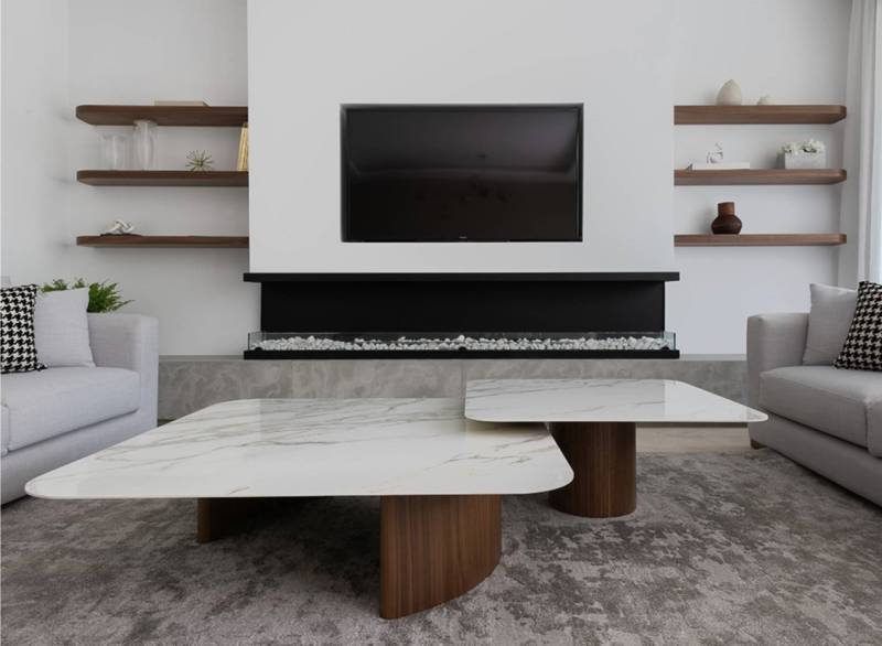 Chic wabi sabi style fire place in Montreal apartment in Canada with interior architecture features. Buy big slabs of great stone at great deal