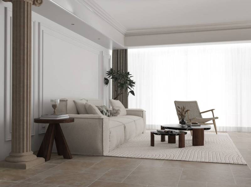 . Beautiful floor covering at great value in London apartment in the United Kingdom. We sell ultra resistant stone at various choices of finish and dimensions : here big slabs of roman opus setting