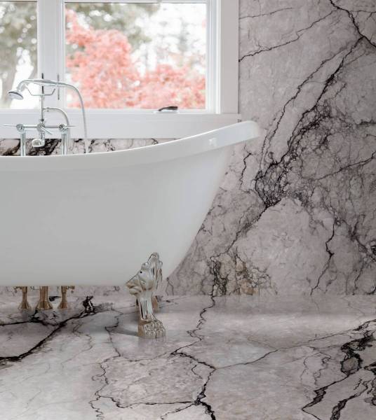 Art Deco Bathroom in Neolith Colorado Dunes Marble-Look by our Moroccan marble company now available in London UK