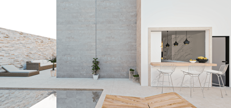 Architecture wabi sabi trend 2024 : stone coating for modern house facade in Ibiza, Spain. Buy our cladding materials at good price