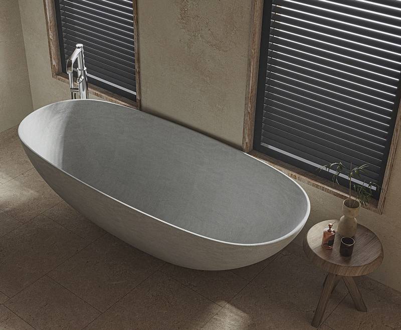Made to order natural gray stone bathtub and sandy stone floor for beautiful and elegant bathroom in London, United Kingdom : order your customized architecture pieces at low price